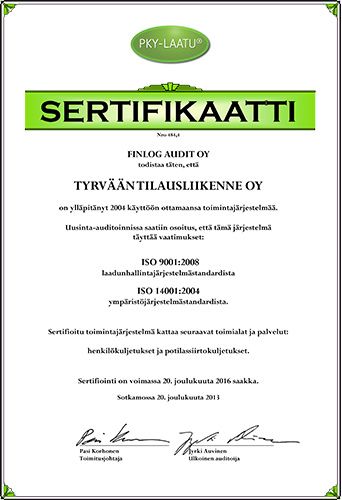 PKY Laatu sertifikaatti - Tyrvään Tilausliikenne Oy